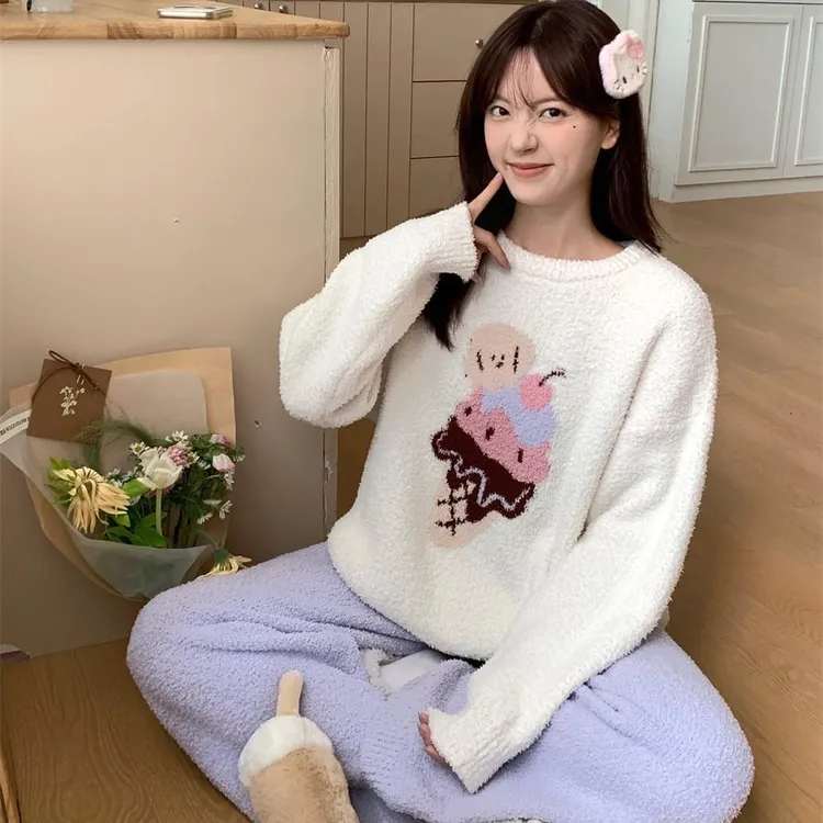 韩系少女ins半边绒睡衣女冬季珊瑚绒保暖加厚休闲圆领家居服套装