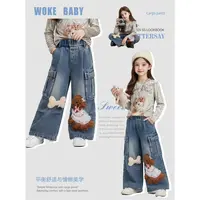 女童秋季牛仔裤新款卡通公仔直筒工装裤阔腿裤汉服裤子A5971