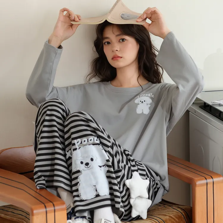 春秋季纯棉女士睡衣圆领长袖长裤卡通可爱甜美可外穿家居服套装