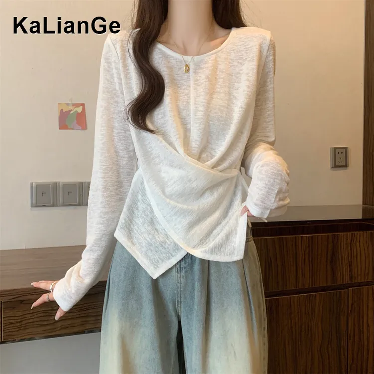 卡莲格/不规则交叉设计长袖T恤女早秋薄款胖mm显瘦圆领打底衫上衣