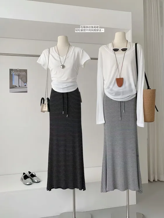 阿肉Ree 韩系条纹鱼尾半身裙女2025春夏休闲风高腰抽绳中长款长裙