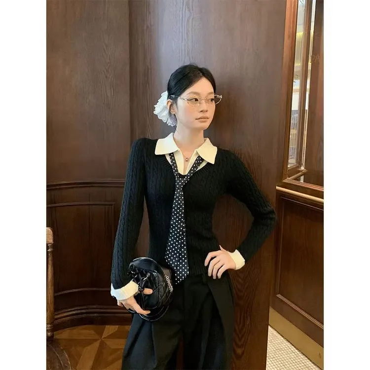 6-8运补秋冬氛围感假两件丝巾针织衫女显瘦打底衫上衣