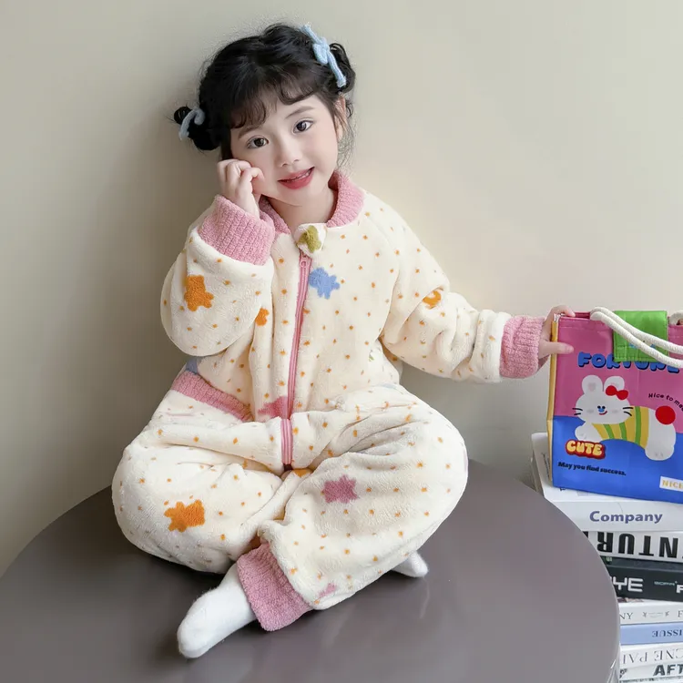 女童法兰绒连体睡衣秋冬新款女宝宝卡通可爱家居服儿童珊瑚绒睡袋