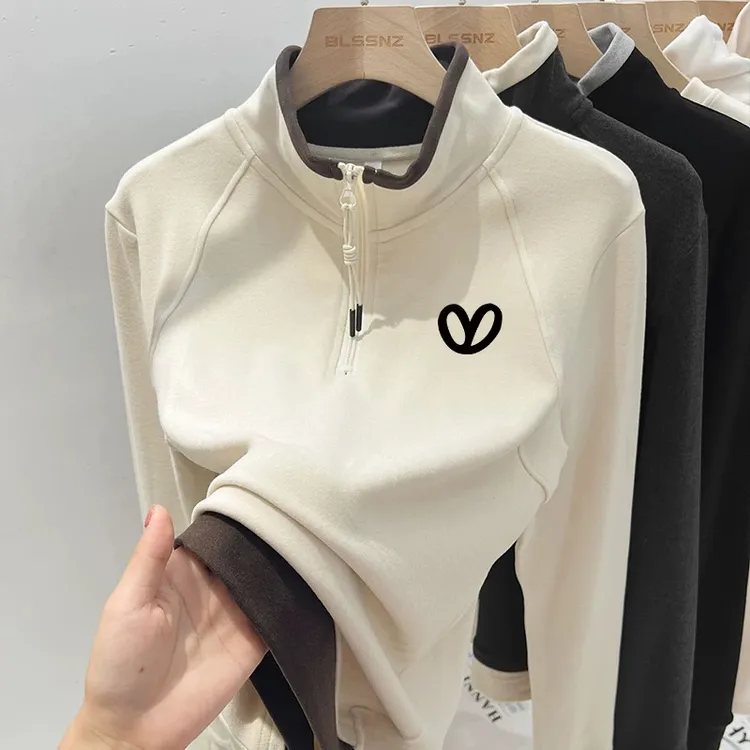 今年流行的秋冬德绒半拉链高领长袖T恤女保暖内搭修身打底衫上衣