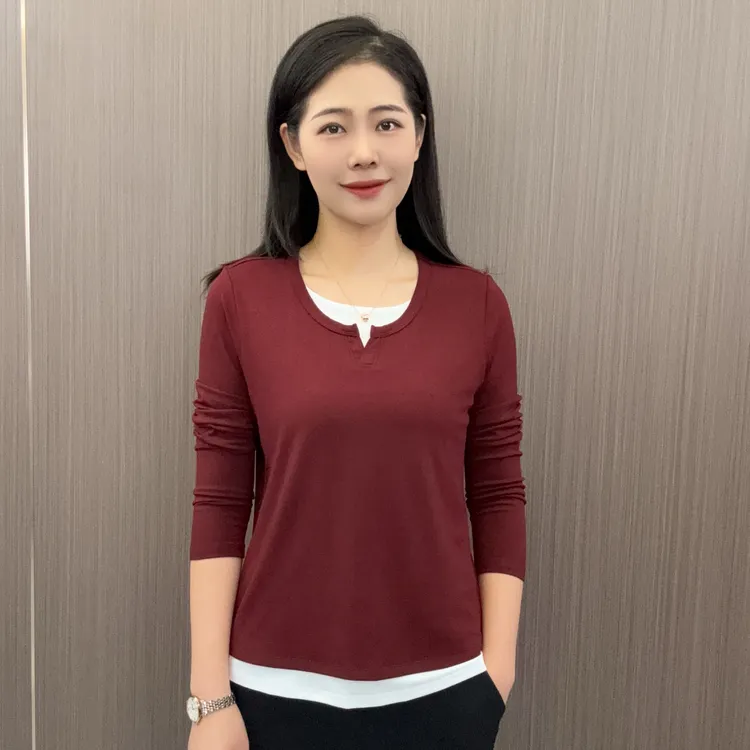 金六指秋装新款时尚纯色剪刀领假两件百搭独特长袖打底衫