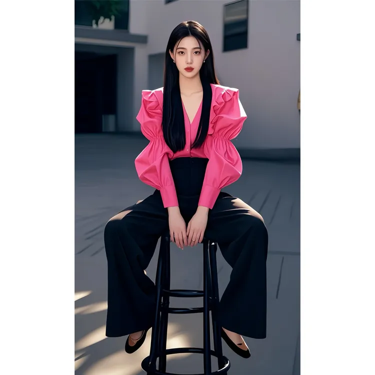 2025春季新款慵懒风韩系百搭显瘦荷叶边拼接玫粉色泡泡袖衬衫裤子