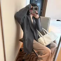 条纹灰西装～简约气质显瘦百搭复古双排扣条纹西装外套
