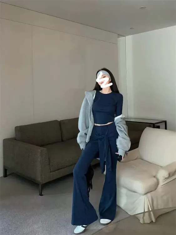 【运补6-8】辣妹修身显瘦设计感上衣套装韩系假两件绑带裤子两件套