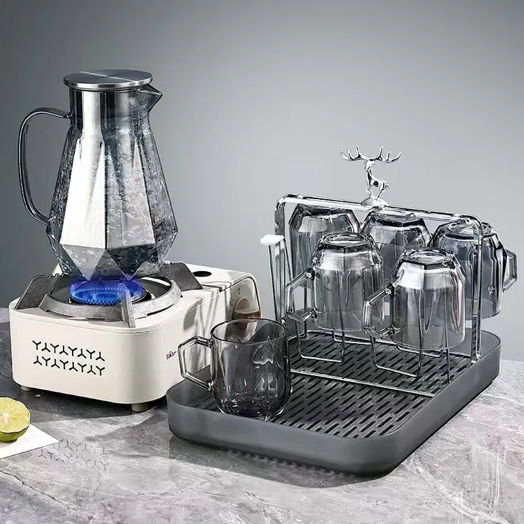 新【带杯托杯架】冷水壶钻石水壶玻璃水杯家用套装客厅凉水壶耐高温