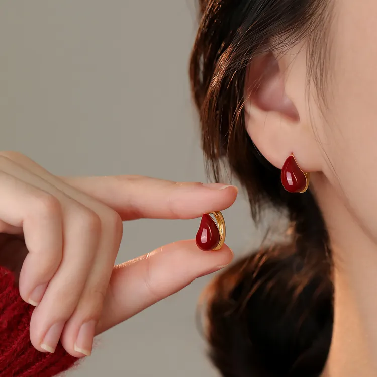 足银耳饰 999银针红色水滴耳环2026马女本命年过新年耳钉轻奢气质