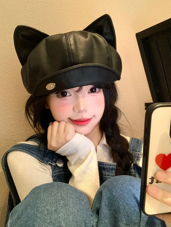 韩系ins卡通可爱猫耳朵帽子pu皮八角女春秋季百搭显脸小画家帽潮