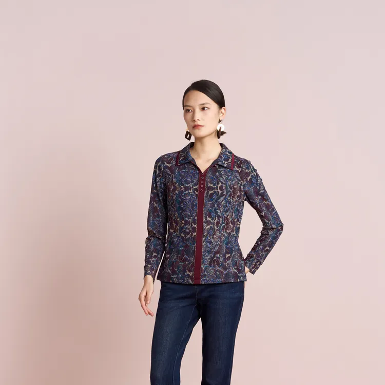声雨竹1R036春秋弹力网纱碎花衬衫舒适百搭印花女士长袖衬衣
