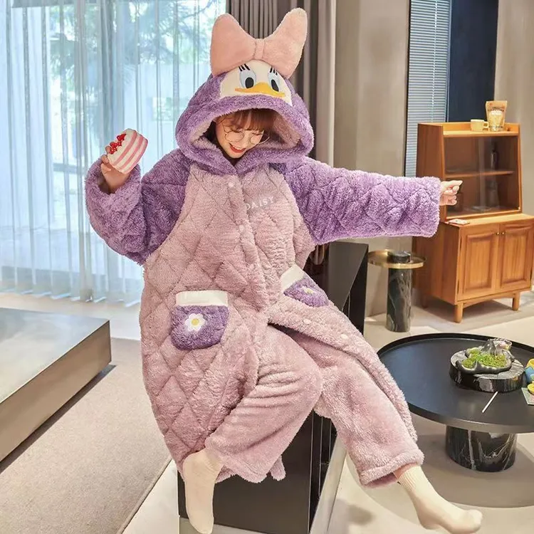冬季加厚加绒三层夹棉保暖睡袍睡裤套装可爱黛丝鸭情侣连帽家居服