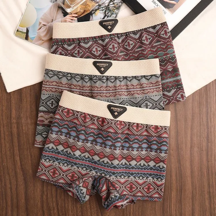 女士内裤四角美式复古民族风涂鸦宽松透气阿罗裤碎棉质