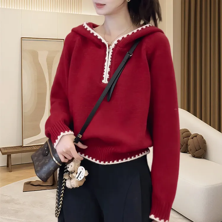 小个子慵懒风半拉链套头连帽针织衫冬季新款宽松韩版休闲风毛衣女