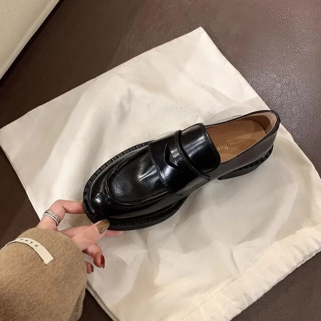 厚底粗跟乐福单鞋小皮鞋女款百搭复古学生真皮秋季平底英伦风时尚
