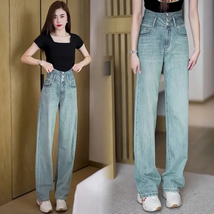 复古牛仔裤女2025年春夏新款高腰三排扣阔腿裤子宽松休闲直筒长裤
