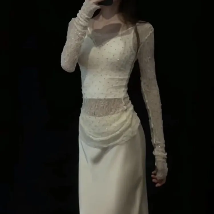 紬祗法式白色闪闪长袖蕾丝衫女2024春季新款显瘦显瘦内搭半身裙套