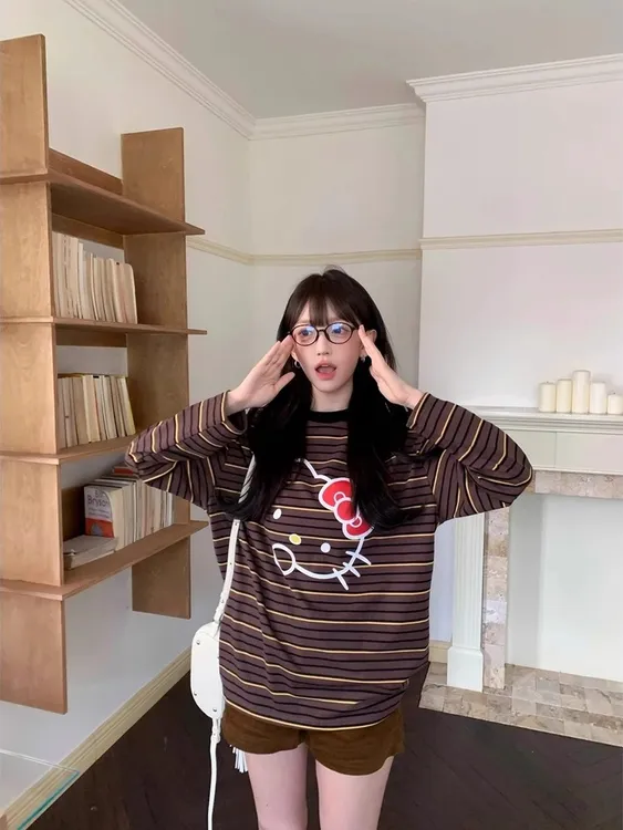 韩系卡通Kitty猫圆领条纹长袖T恤女春秋季新款宽松显瘦打底衫上衣