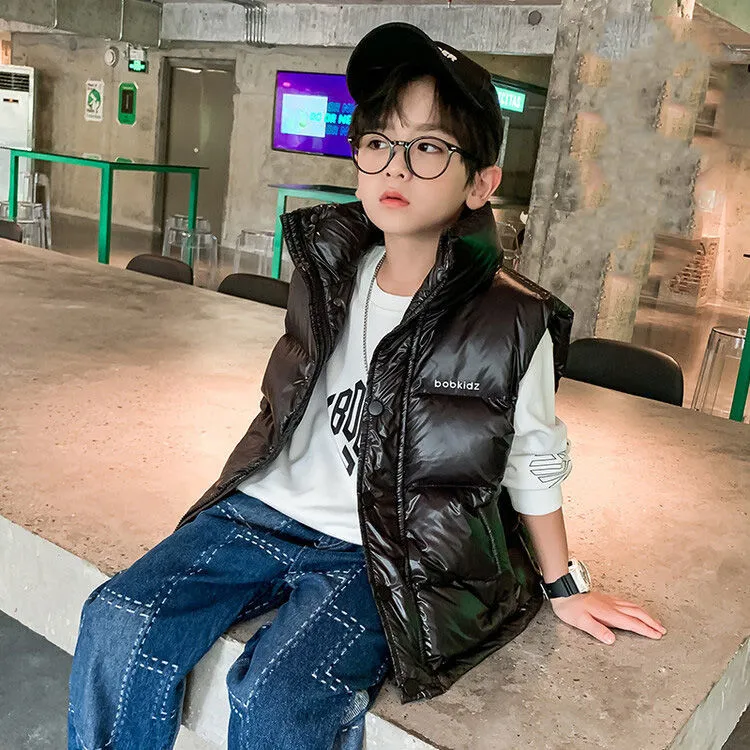 儿童亮光羽绒棉马甲新款男女孩秋冬款外穿背心大童冬装加厚外套
