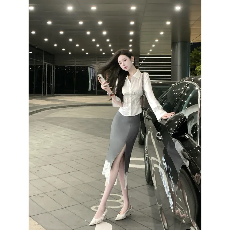 【雅乔定制】引力法则 蕾丝裙摆高级感灰色开叉半身裙DYZY-25077714