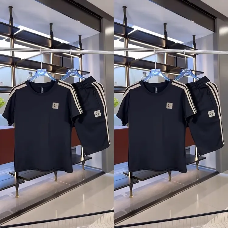 夏季男士冰丝运动新款休闲套装运动套装短袖短裤百搭两件套潮流男