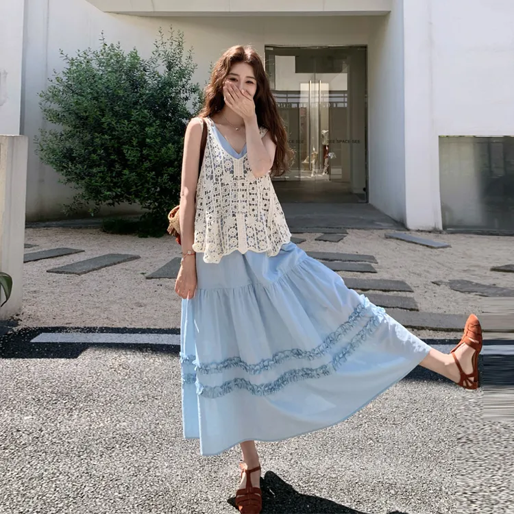 小清新度假风套装裙夏季女2025新款韩系ins风显白镂空罩衫吊带裙