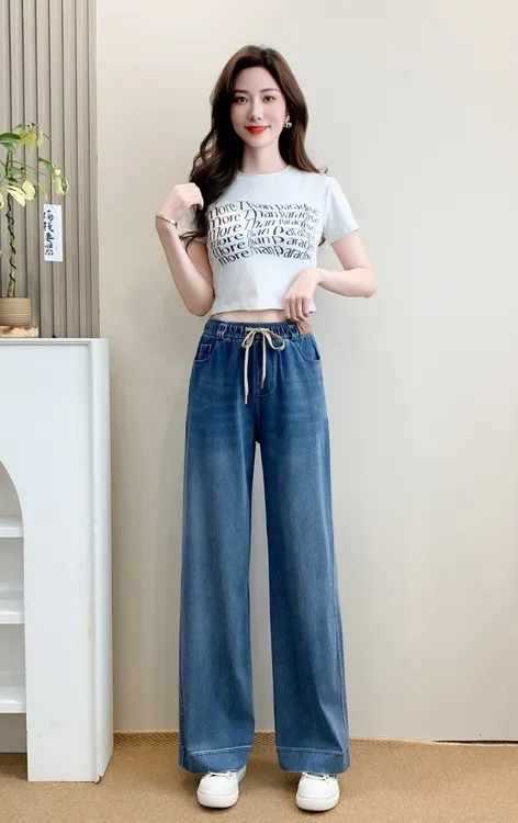 春夏新款妈妈装高弹力高腰显瘦宽松休闲软牛仔直筒裤大脚裤女