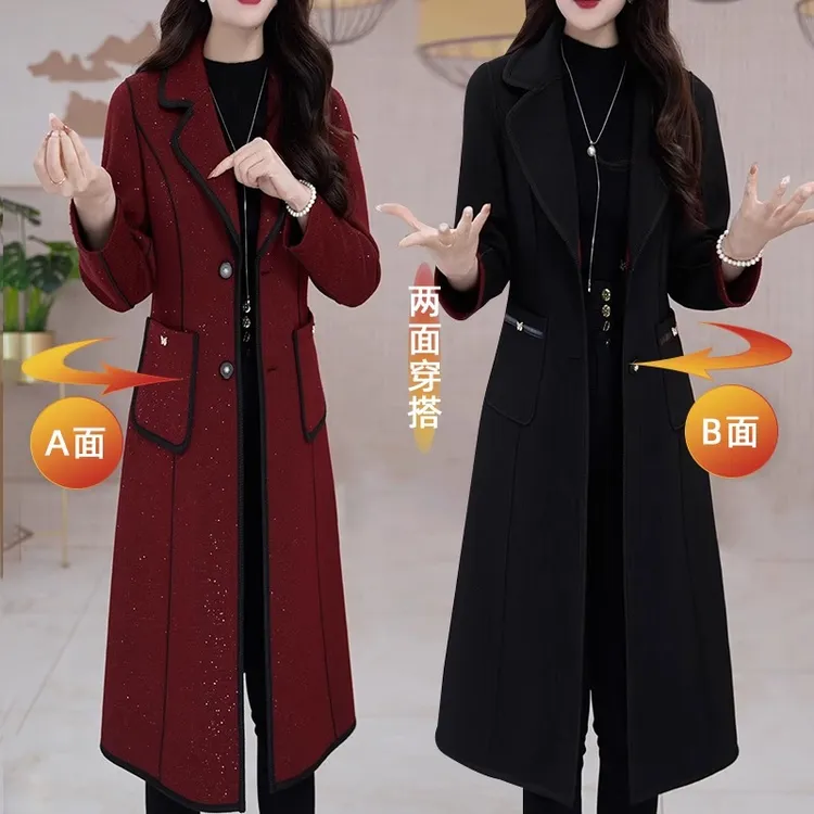 高端正反穿气质风衣外套女2025春秋新款洋气妈妈中长款西装领大衣