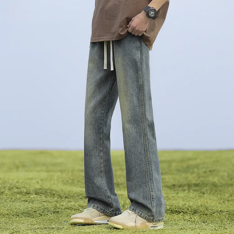 2025春款微喇叭牛仔裤男美式高街阔腿裤水洗复古做旧长裤休闲