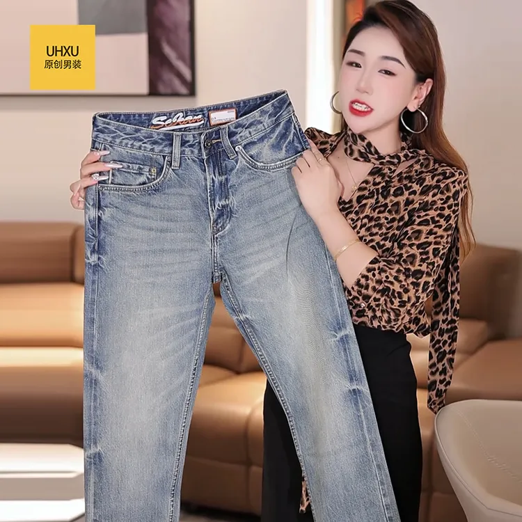 UHXU赤耳丹宁秋冬高端潮牌牛仔裤男修身直筒时尚显瘦小脚男款长裤