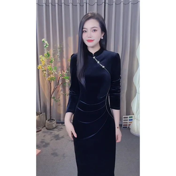 长袖包臀裙风格长裙高腰裙旗袍黑色洋气网红秋冬时尚连衣裙