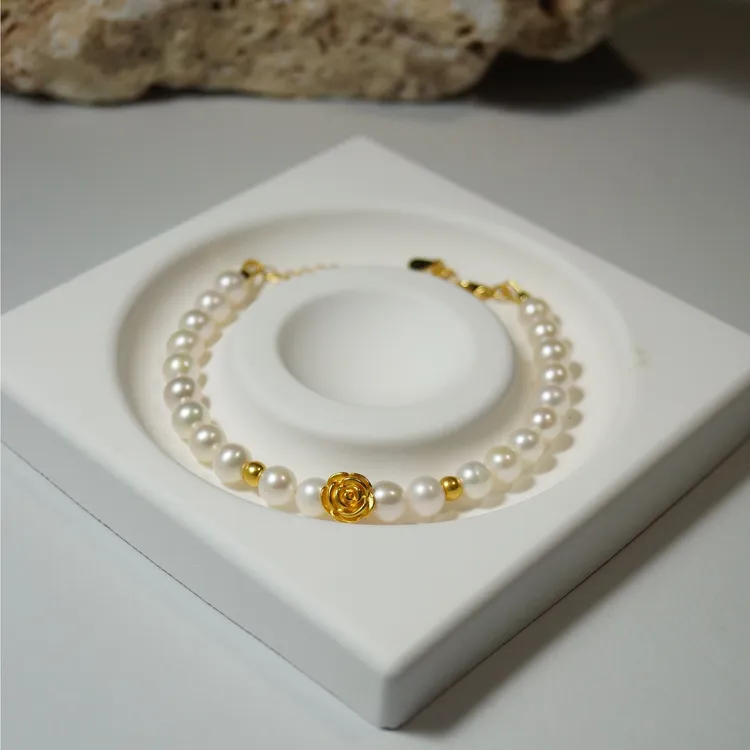 足金999玫瑰花正圆极强光淡水珍珠手链6mm轻奢时尚百搭