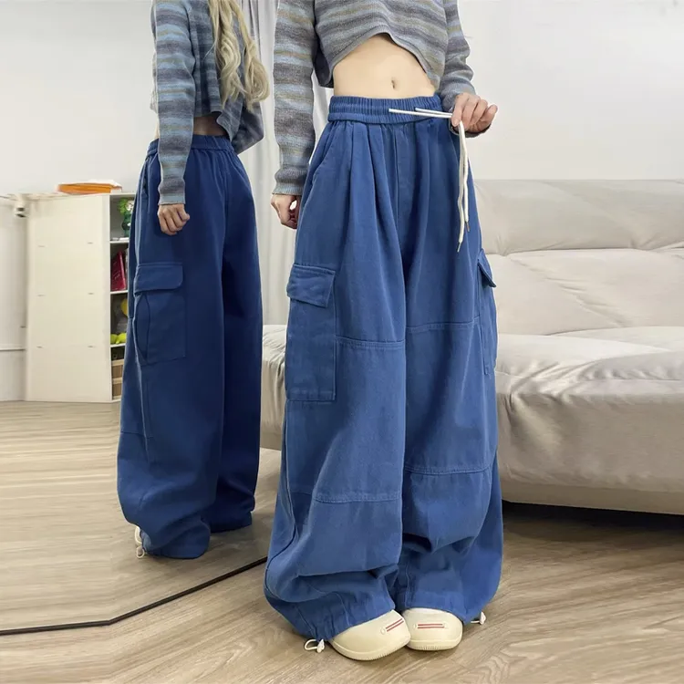 高腰出游休闲裤女春季百搭阔腿长裤小众设计感大码工装裤子潮