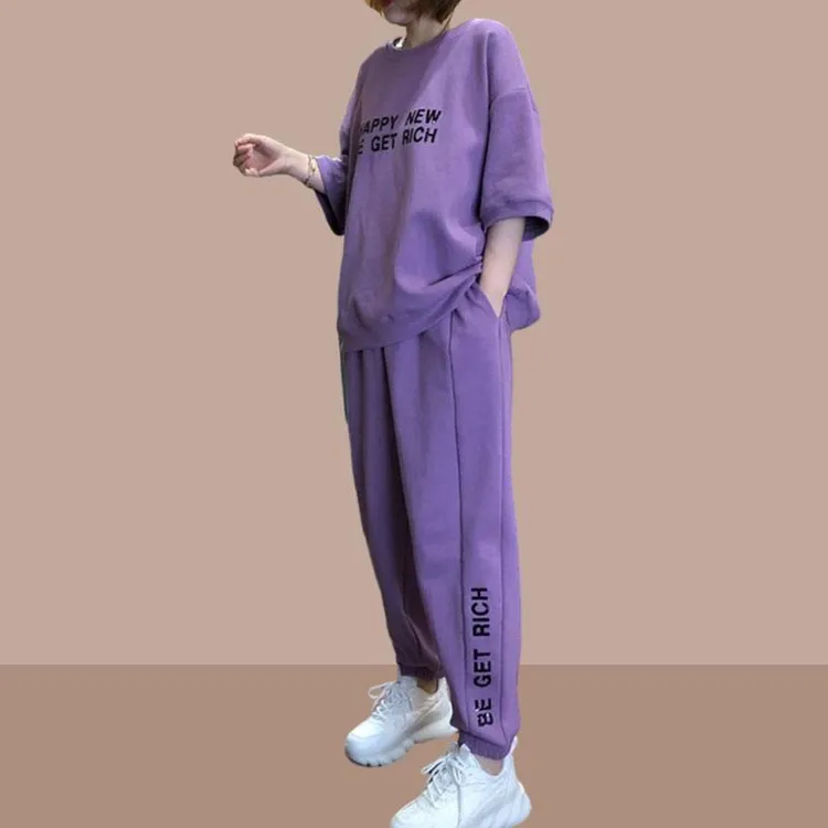 大码运动服套装女士2025夏新款休闲时尚短袖长裤洋气减龄时髦两件