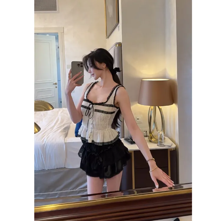 2025夏季新款纯欲风撞色修身收腰上衣高级感百搭短款半身裙两件套