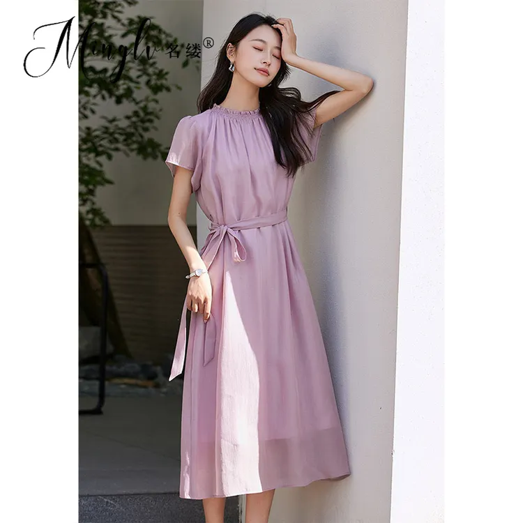 名缕女装冰感莱赛尔法式连衣裙女短袖2025夏季新款木耳边圆领裙子