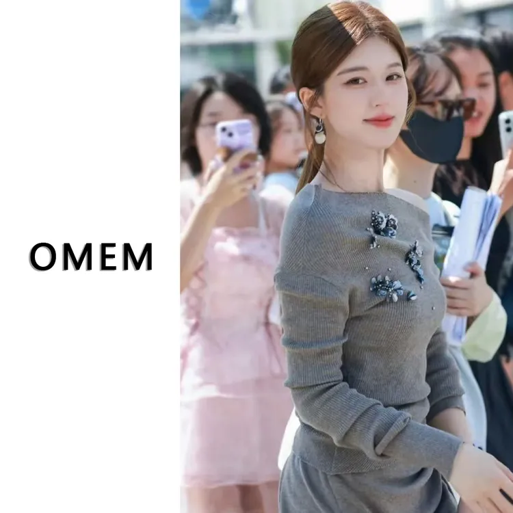 OMEM露思同款一字肩针织上衣修身开叉半身裙套装