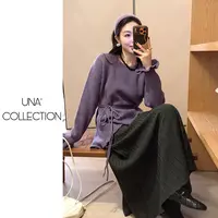 【吉满】自制款圆领荷叶边不规则下摆收腰系带毛衣JM3022