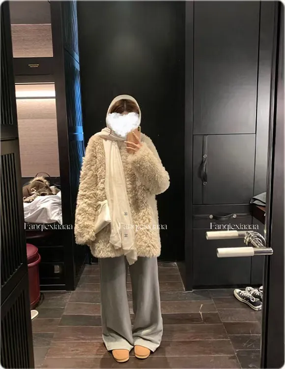 “顶流千金富人区3.0”大翻领毛绒外套女大衣中长款冬保暖黄油小熊