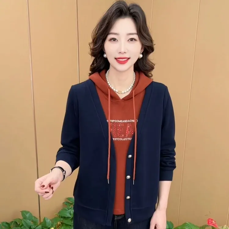 秋冬新款时尚拼色连帽卫衣假两件宽松休闲百搭洋气妈妈装H55671