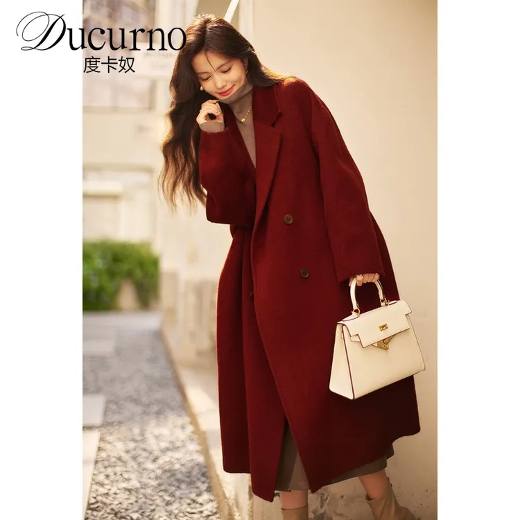 红色双面羊毛大衣2025新款秋冬时尚加厚结婚中长款西装羊毛呢外套