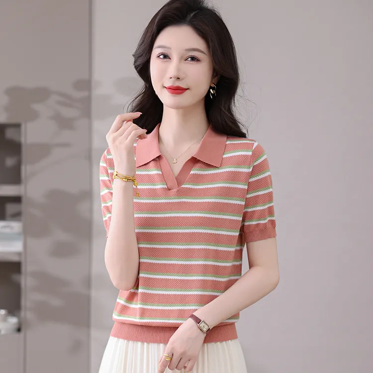 哥弟阿玛施正夏季polo领短袖条纹t恤女士桑蚕丝宽松薄款针织上衣
