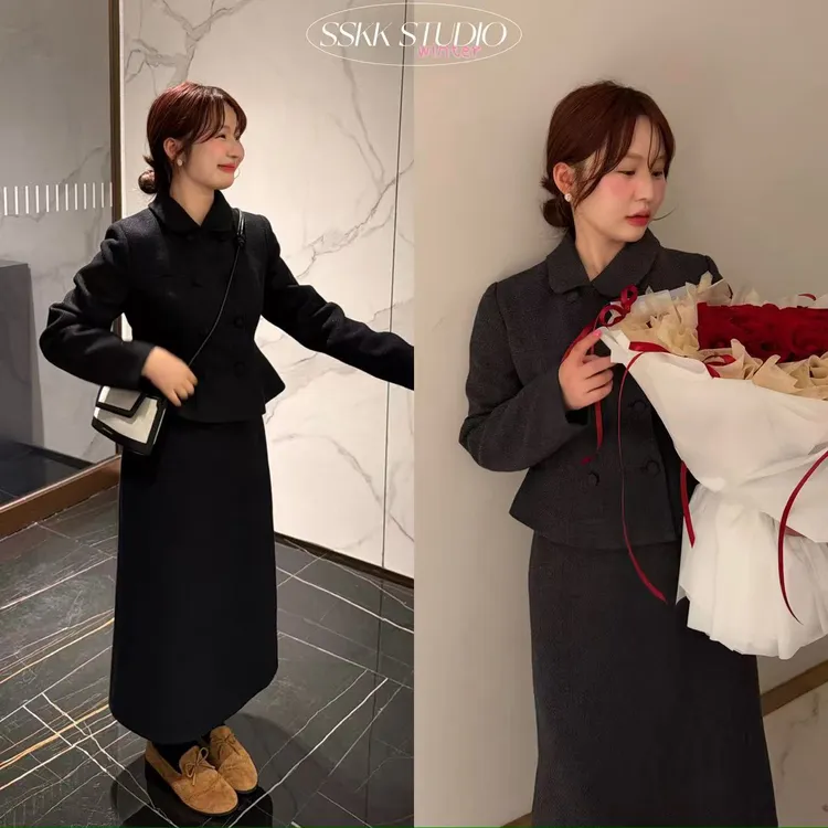 KMZY/KMZY山_山【元英套装】微胖韩女双排扣夹棉外套+长半裙套装女