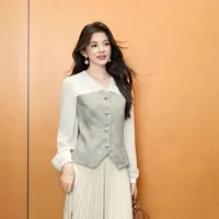 时尚百搭显瘦小香风法式收腰拼接衬衫2725