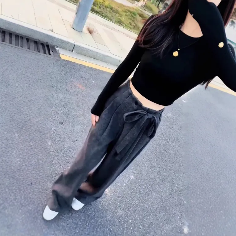 新款时尚减龄短款长袖上衣休闲显瘦系带阔腿裤女装3127