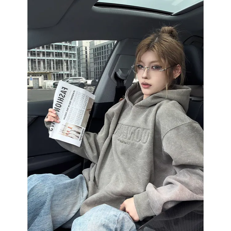 美式重磅茶绿色钢印连帽卫衣男2025秋冬新款复古宽松做旧痞帅帽衫