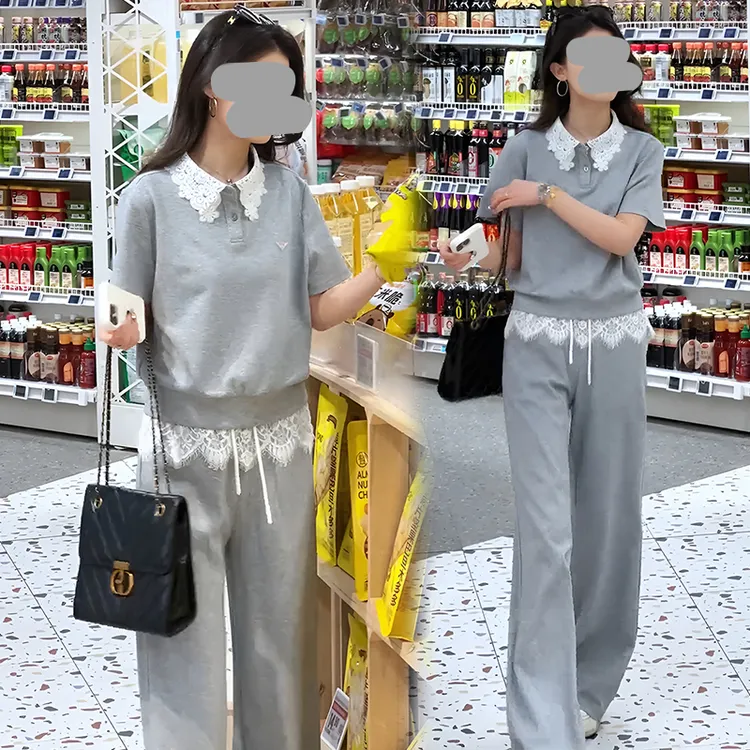 韩版休闲运动套装女夏季2025显瘦蕾丝拼接短袖阔腿裤两件套