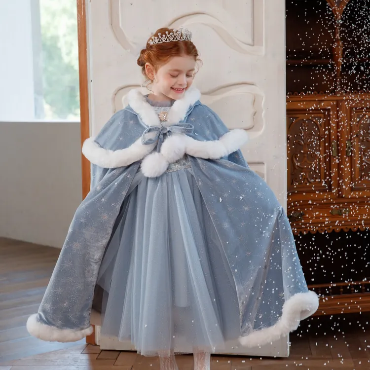 女童秋冬新款爱莎斗篷冰雪奇缘雪花超大披风加厚保暖毛毛大斗篷