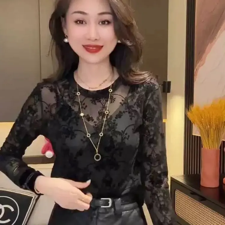 蕾丝植绒修身长袖T恤衫女网纱时尚打底衫百搭圆领黑色丝绒上衣潮
